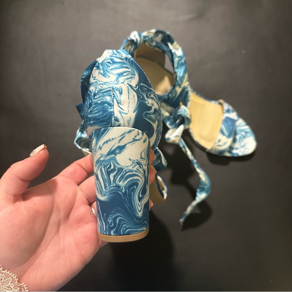 Wild Diva Satin Lace-Up Marble Block Heel Sandals - Picture 8 of 13